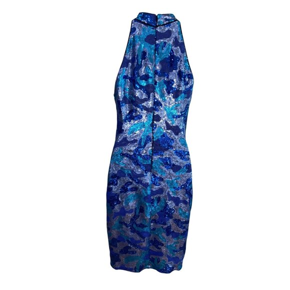 SHO By Tadashi Shoji Blue & Turquoise Sequin Camo Halter Mini Dress 19” Armpit T - Picture 3 of 8